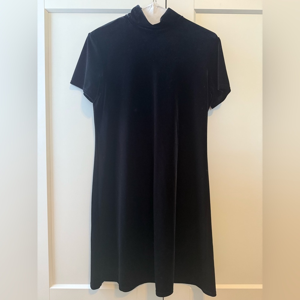 Vintage Black Velvet Dress 90s Mock Neck A-Line –Size 6